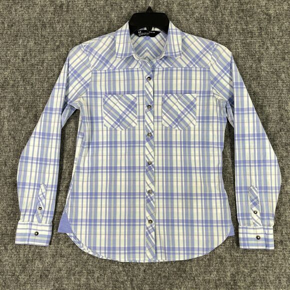 UNDER‎ ARMOUR SHIRT WOMENS S BLUE PLAID BLOUSE LOOSE FIT COLLAR BUSINESS CASUAL - Picture 1 of 13